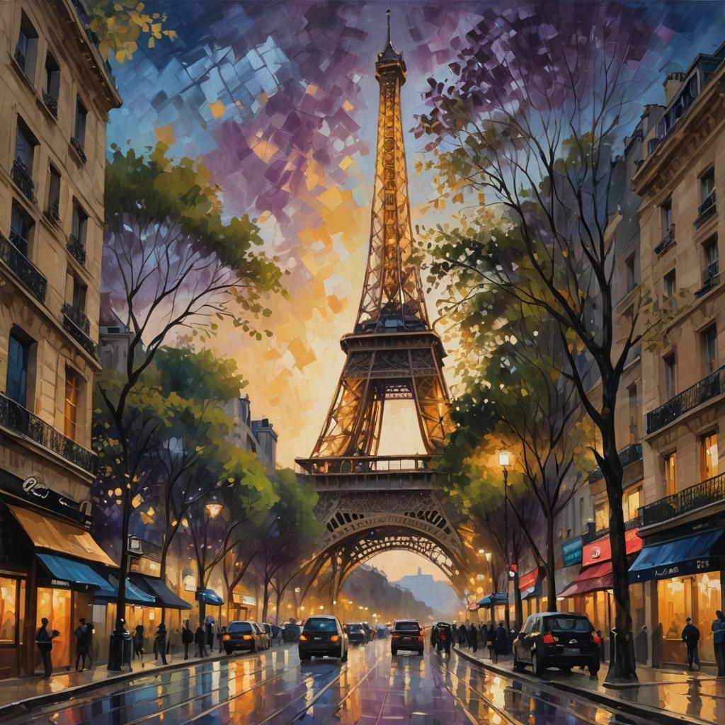 Eiffel Tower at Night: Impressionist Oil Painting