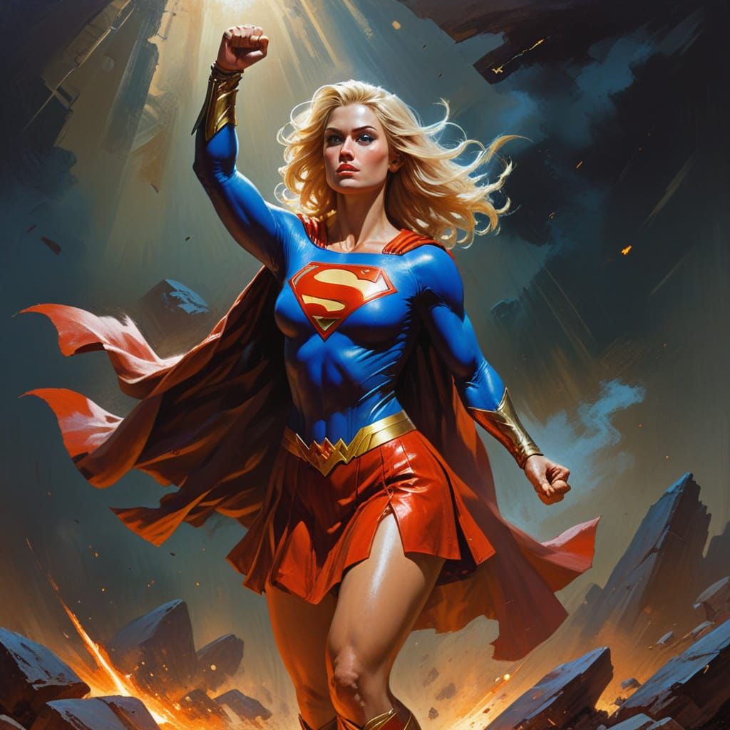 Supergirl in Golden Hour Glow, Frazetta Style