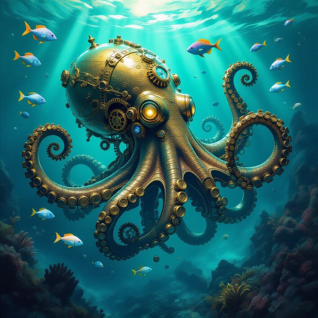 Steampunk Kraken Rising from Bioluminescent Ocean Depths