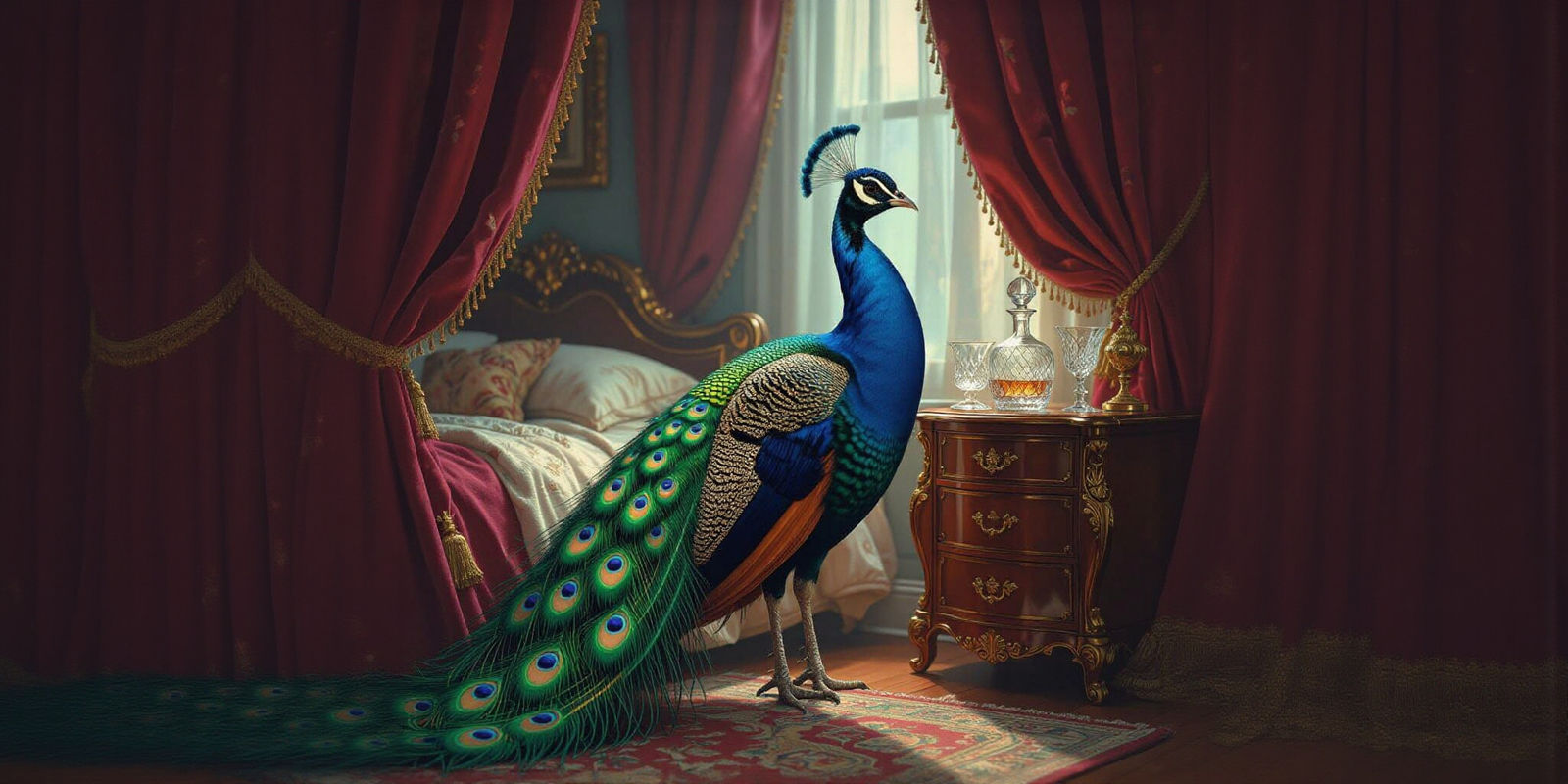 Peacock in Opulent Bedroom, Fantasy Concept Art