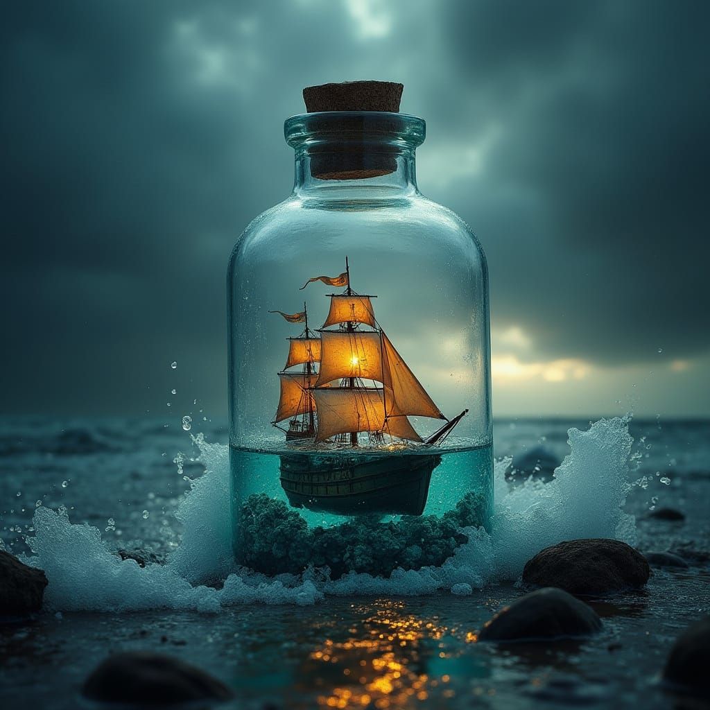 Pirate Ship in a Bottle Amidst Stormy Seas