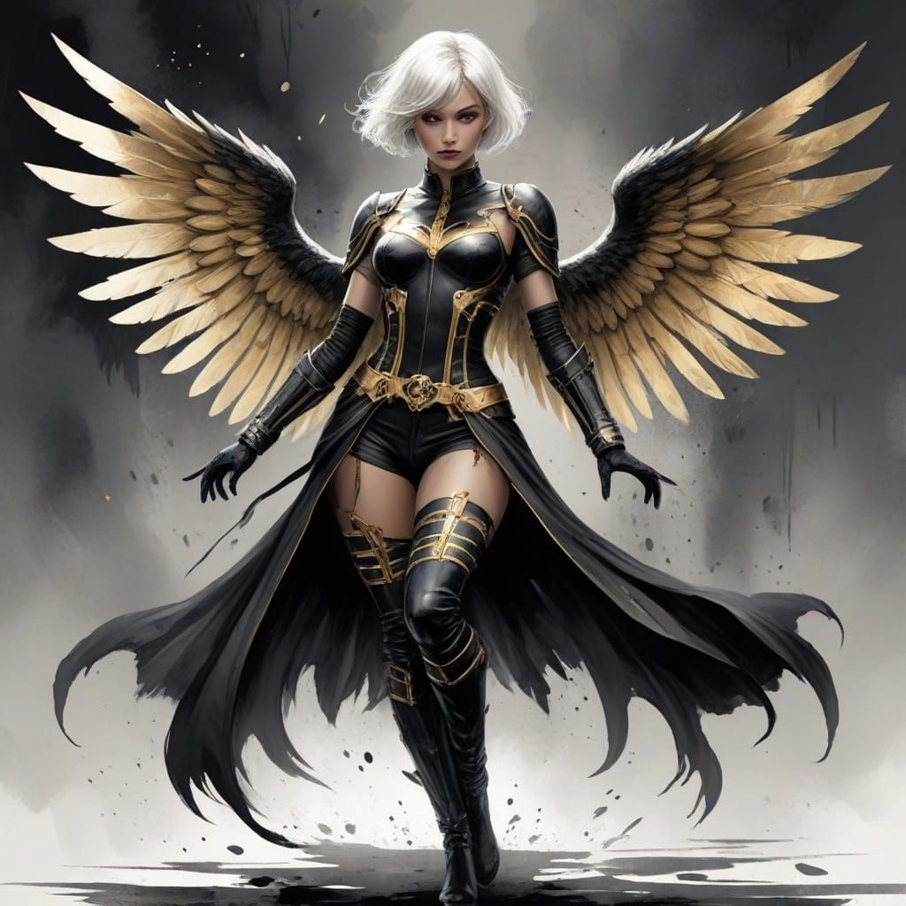Dark Angel in Watercolor Style with Golden Outfit