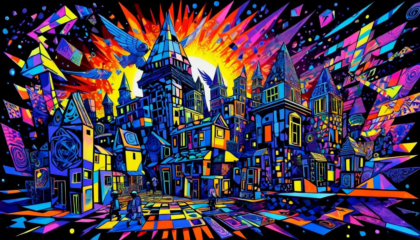 Cubist Urban Explosion with Angelic and Psychedelic Elements