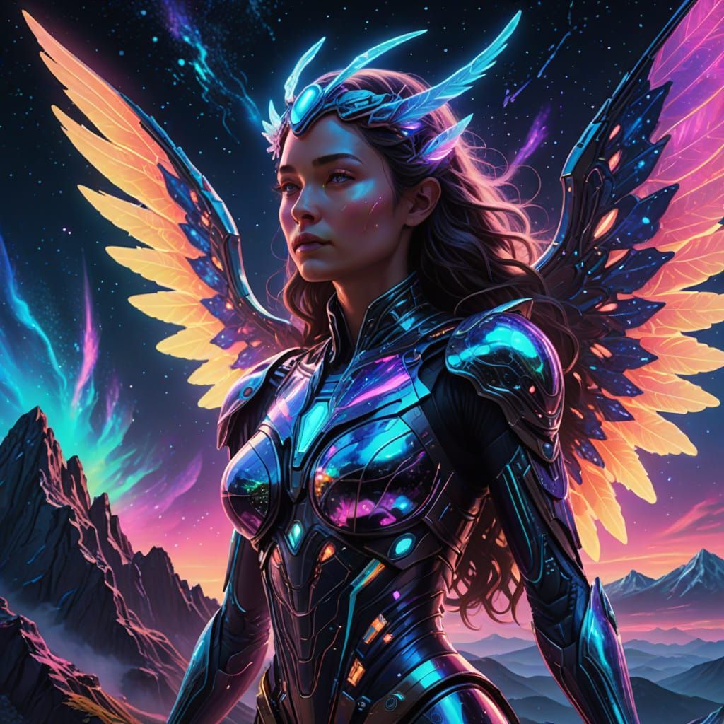 Alien Goddess with Iridescent Wings in Neon Digital Art