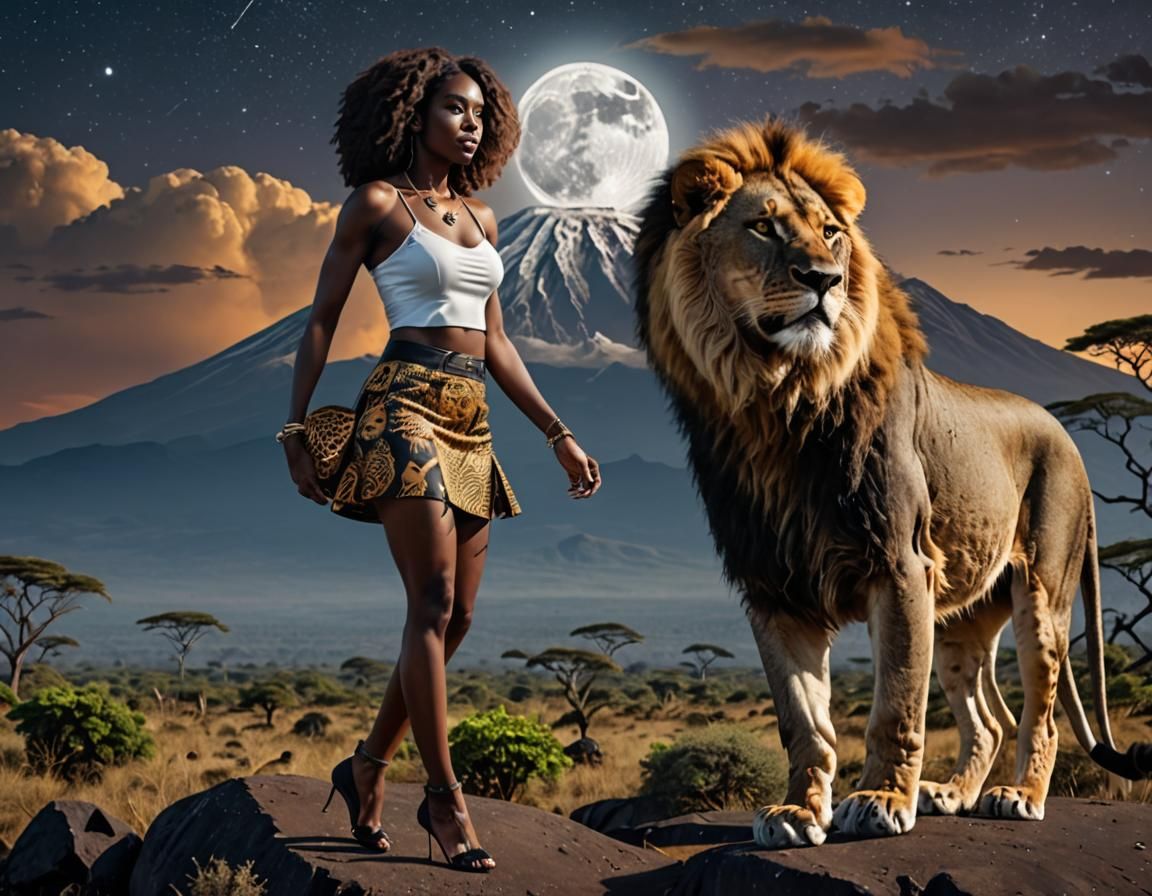 Erotic Photo: Woman, Lion, and Kilimanjaro at Night