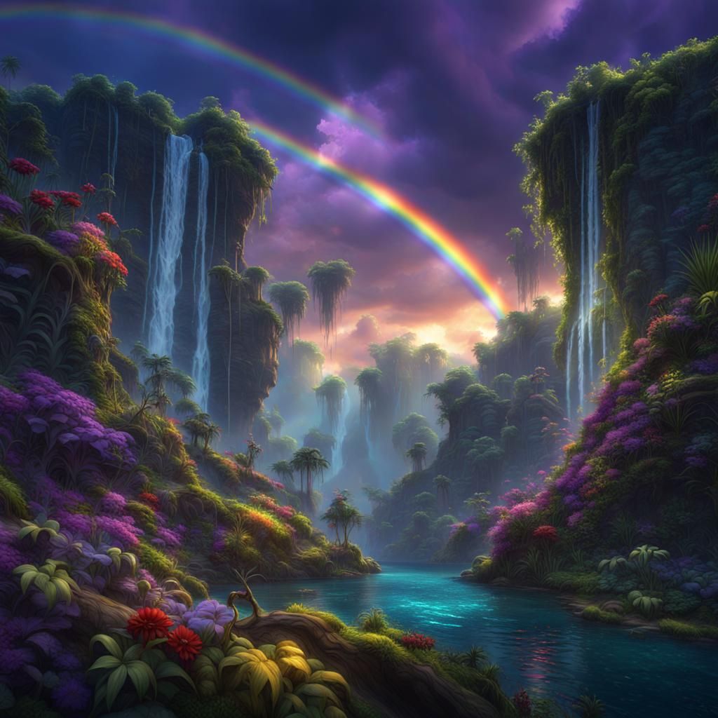 Enchanted Jungle River with Flowers, Fantasy Art