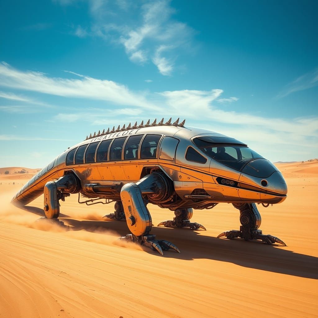 Futuristic Robotic Lizard Vehicle in Sunlit Desert