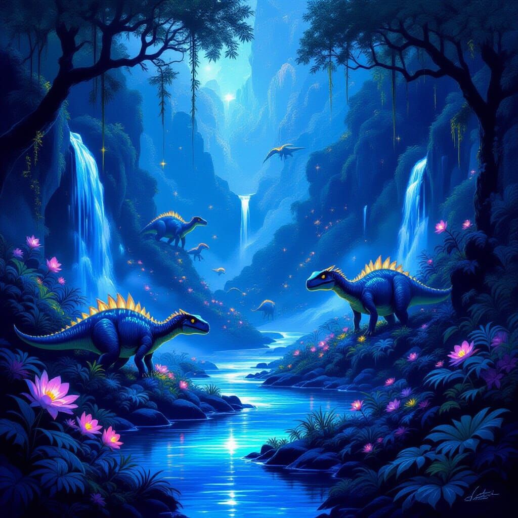 Bioluminescent Dinosaurs Roam a Glowing Hidden Valley