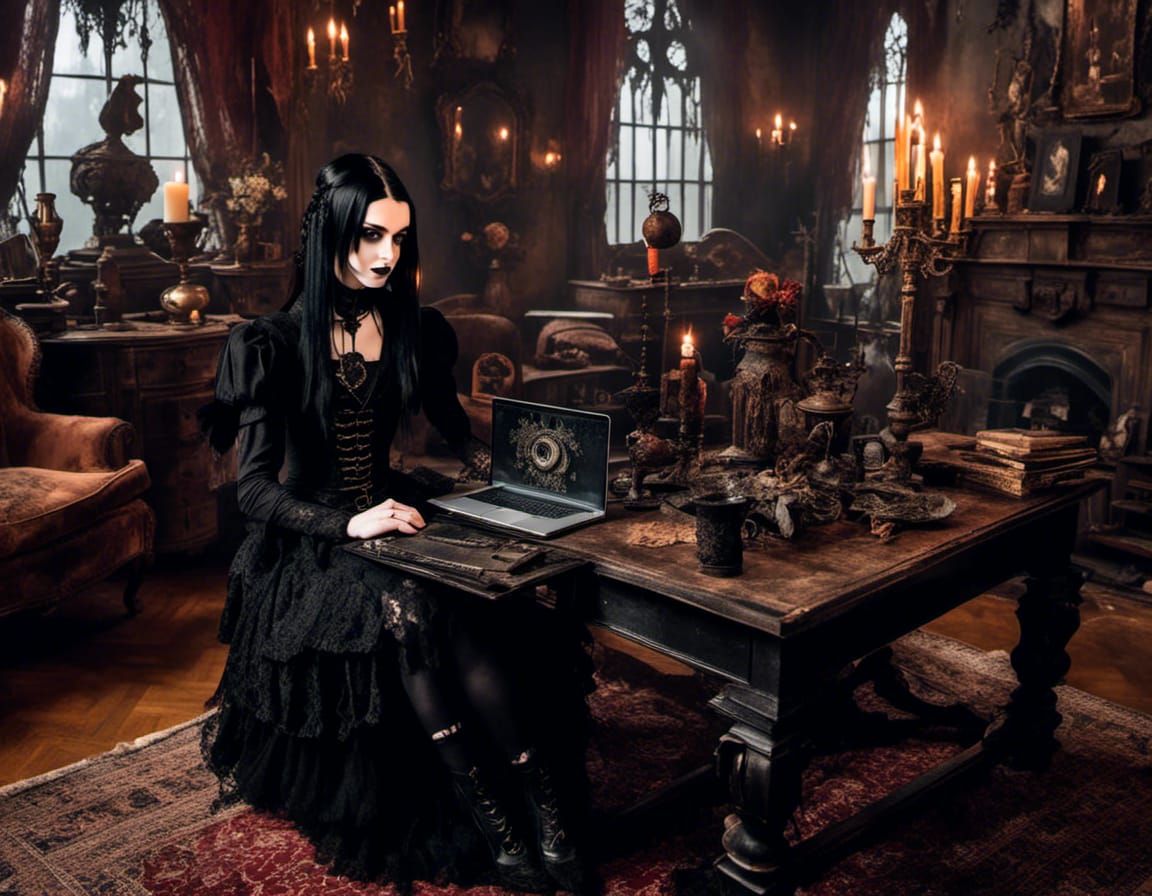 Wednesday Addams in Gothic Mansion with Steampunk Laptop