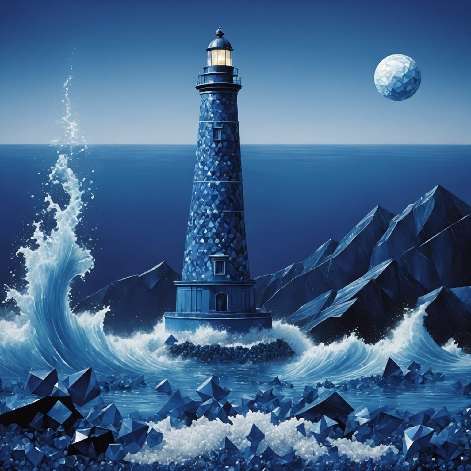 Sapphire Blue Monochromatic Oceanscape with Lighthouse