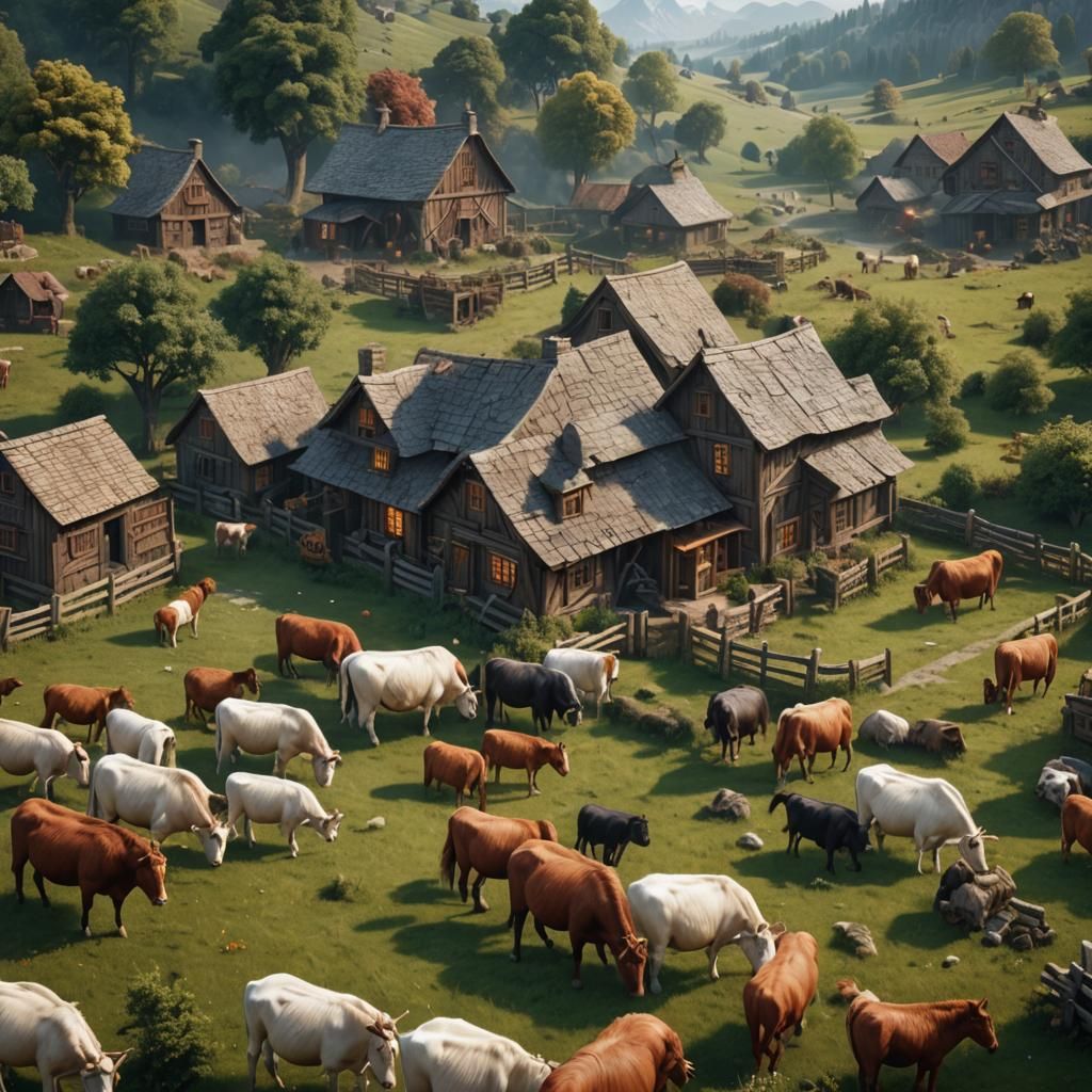 Farmhouse with Animals in Detailed Matte Painting Style