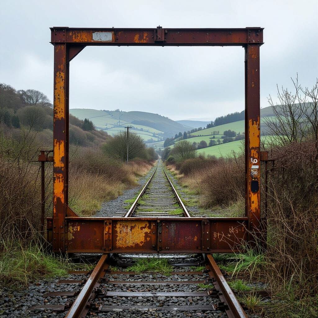 Cubist Boom Gate on Derelict Railway, Rainy Day