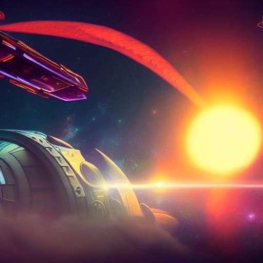 Hero's Spaceship Soars Through Stars: Detailed Matte Paintin...