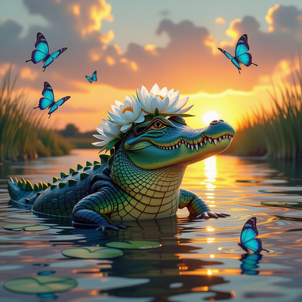 Playful Crocodile with Butterflies at Sunset