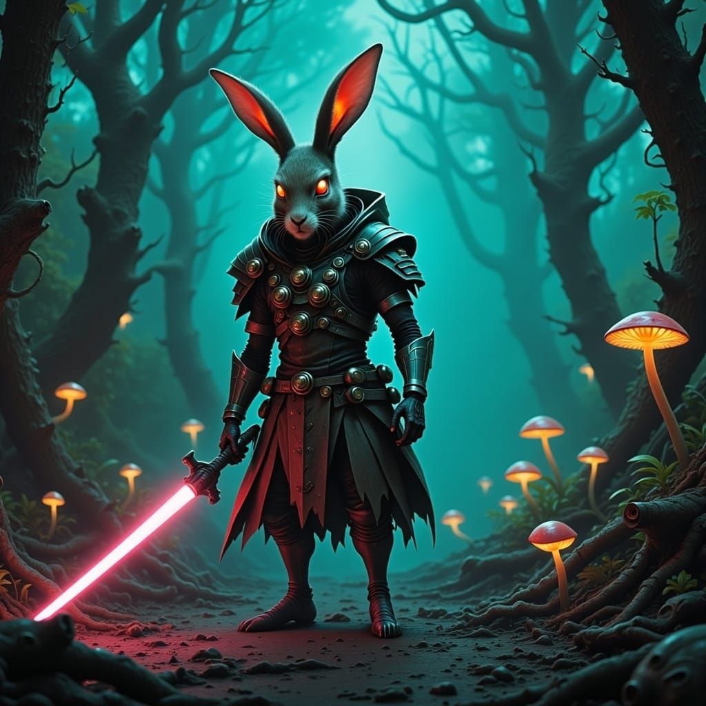 Cyberpunk Samurai Rabbit Warrior in Mystical Forest