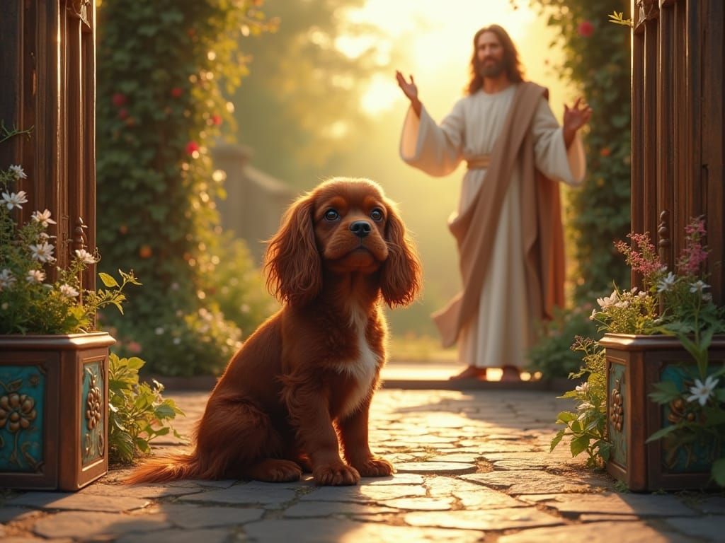 Surreal Cavalier King Charles Spaniel Outside Pearly Gates i...