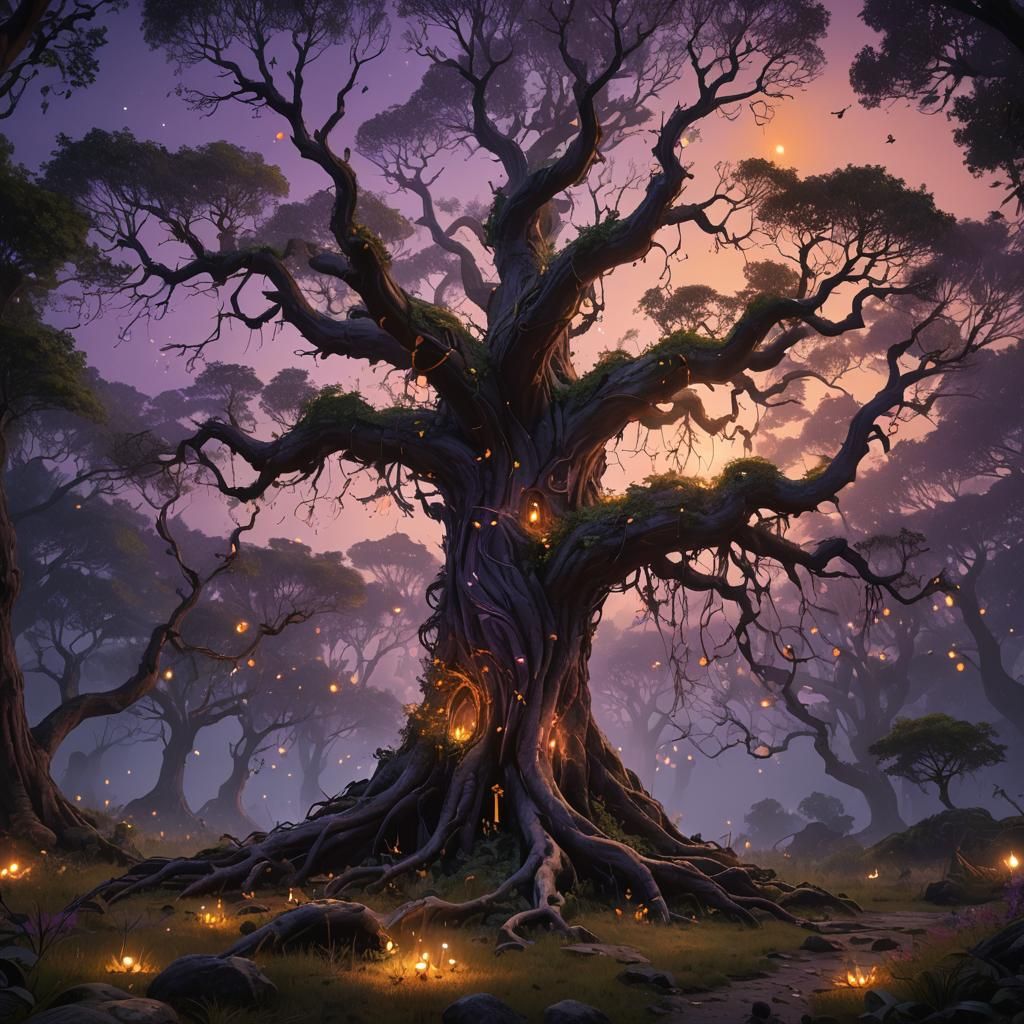 A sprawling forest at twilight with a blend of purple and or...