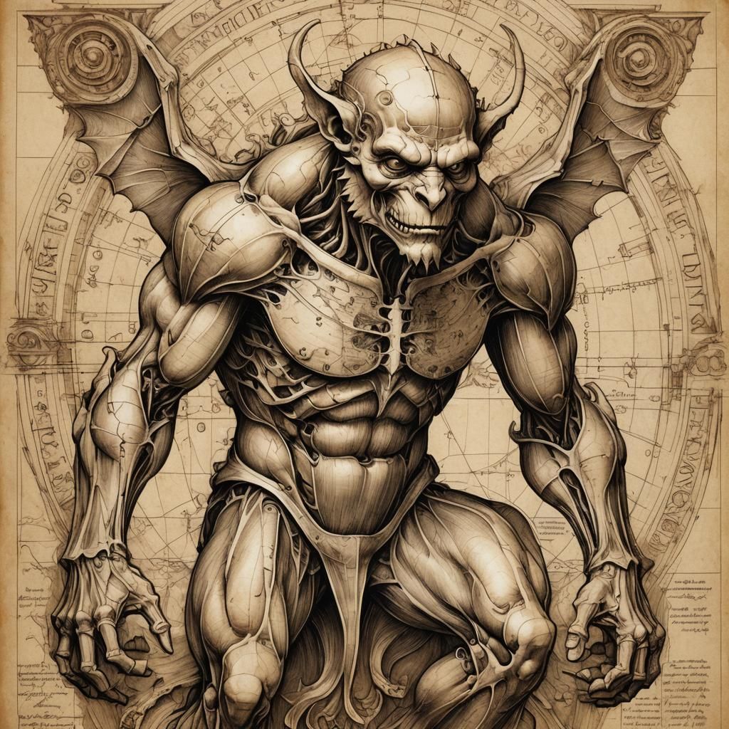 Gargoyle Anatomy: Leonardo-Inspired Sepia Illustration