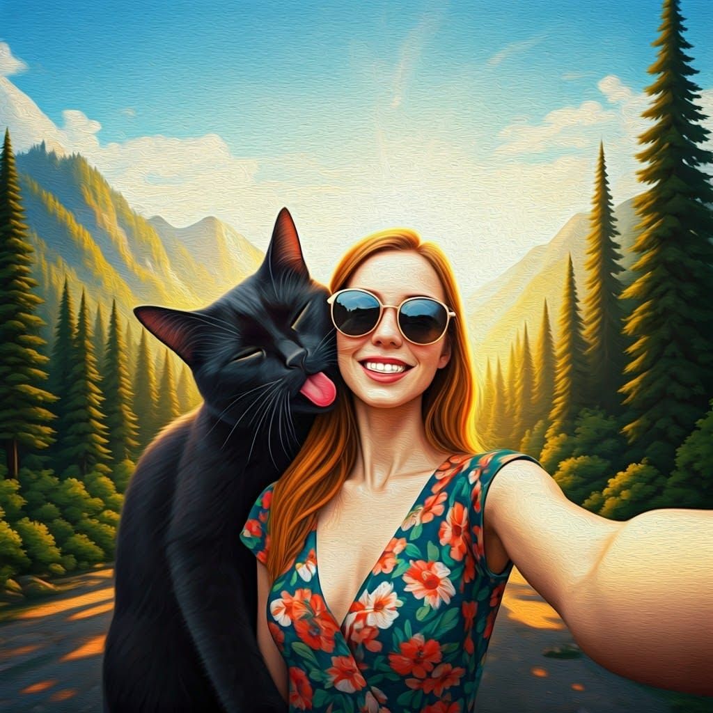 Humorous Cat Photobomb in Pop Surrealist Style
