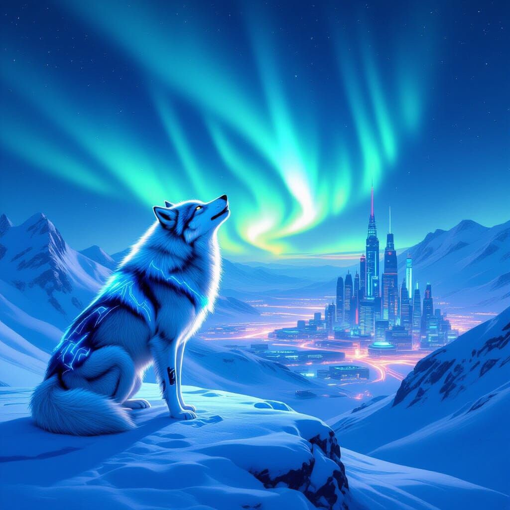 Cybernetic Wolf Howls at Aurora in Cyberpunk City
