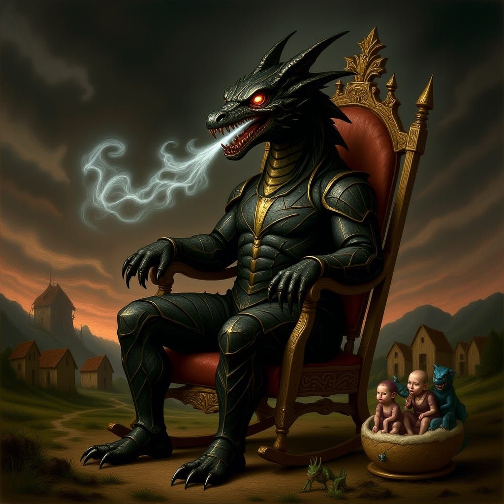 Renaissance Dragon Tells Story to Baby Dragons