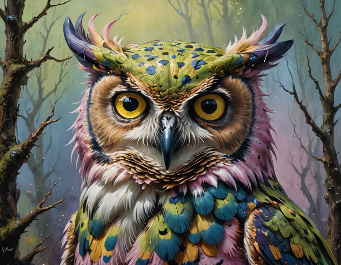 Whimsical Six-Horned Owl in Pastel Colors