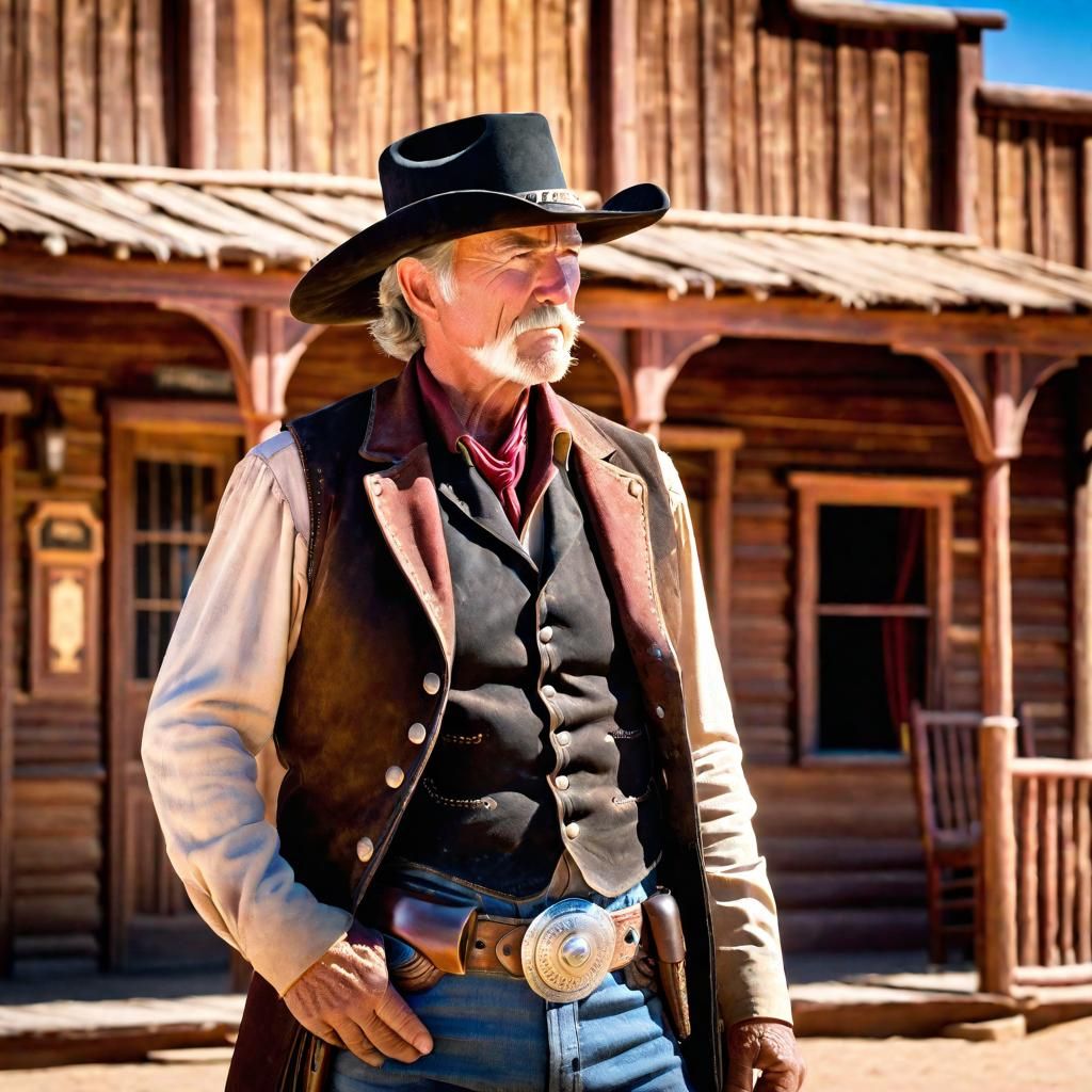 Old West Cowboy with Revolver in Desert Saloon