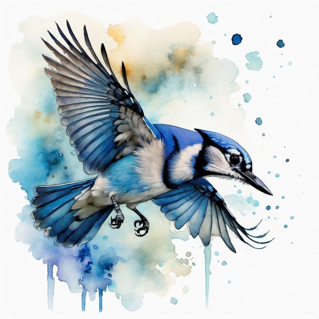 Blue Jay in a Dramatic Dive, as Digital Watercolour Illustra...
