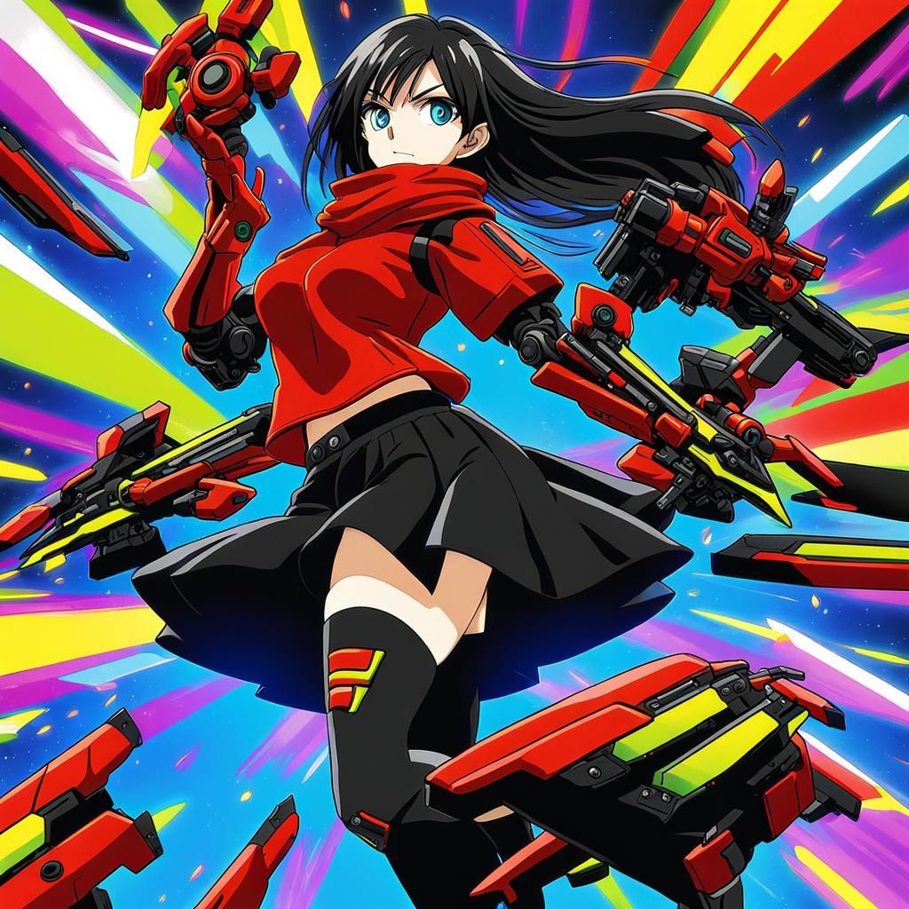 Cyborg Anime Girl with Neon Blades in Manga Style