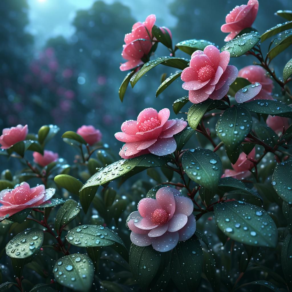 Camellia Bush in Morning Dew: Detailed Matte Painting