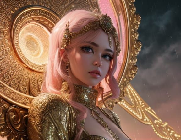 Golden Cherub on Glitter Donut, Grunge Oil Painting Style