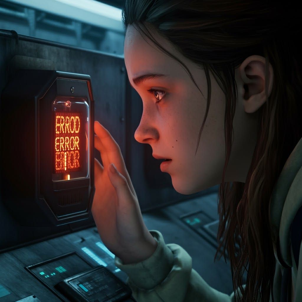 Girl Worried in Tech Lab with Error Indicator