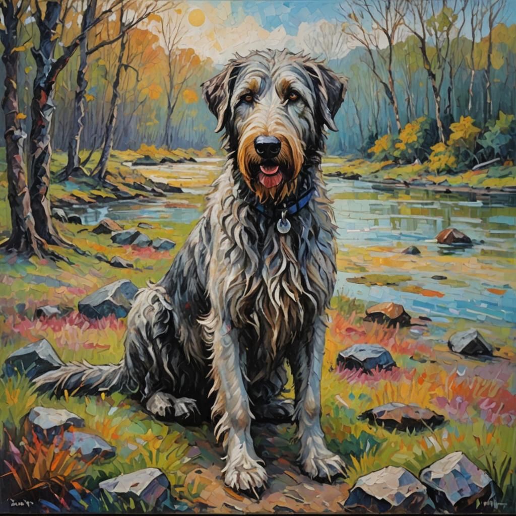 Wolfhound Guarding Camp in Expressionist Oil Painting