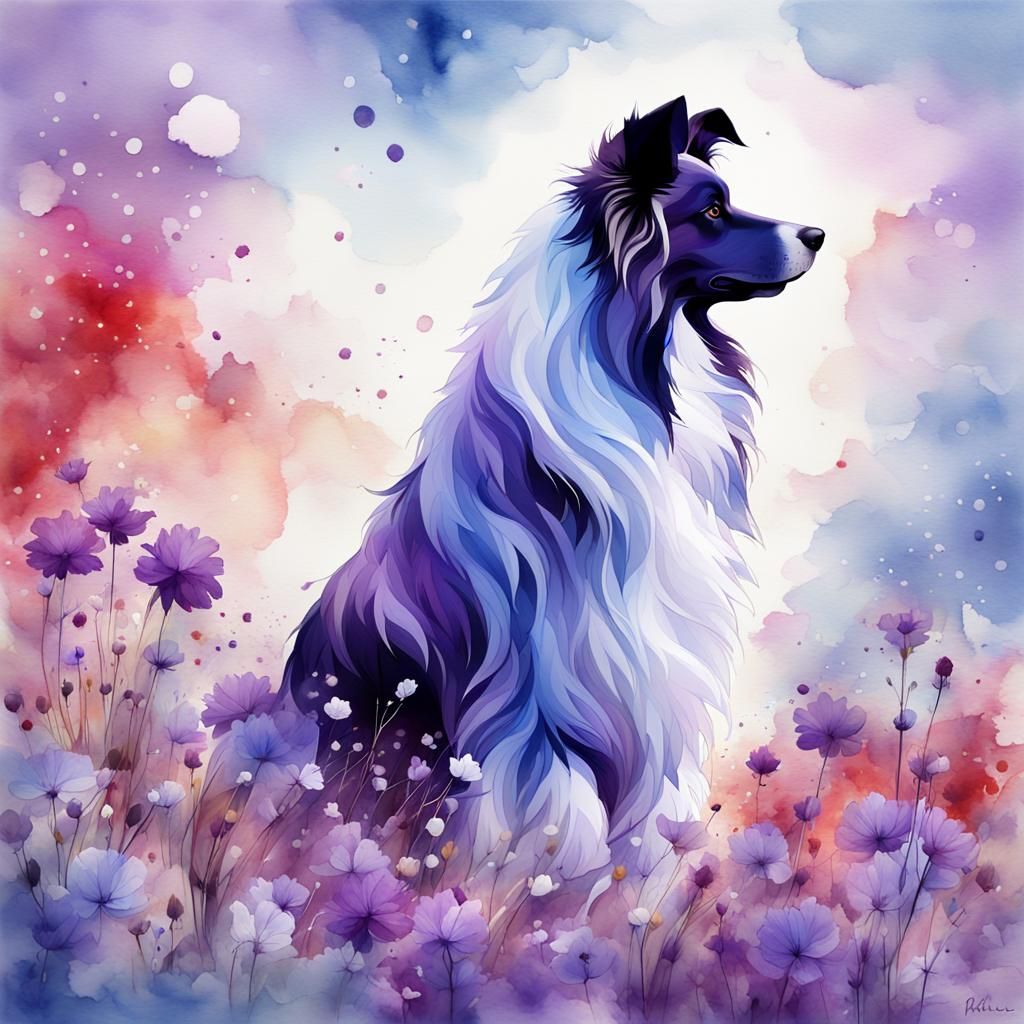 Colorful Surreal Collie in Watercolor Style