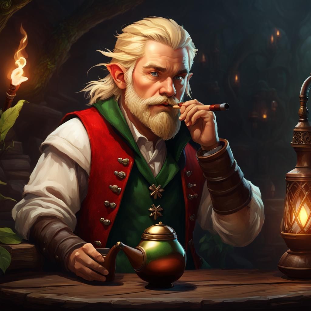 Halfling Druid Smoking Pipe, Dark Fantasy Art