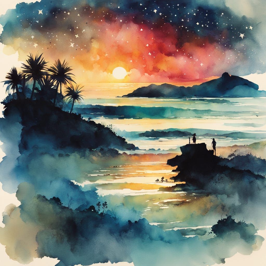 Seashore at Night in Mixed Media Style