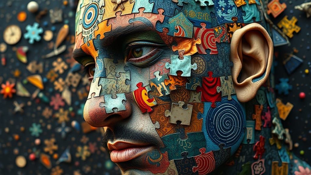 Mystical Puzzle Face Evolves with Cosmic Surrealism