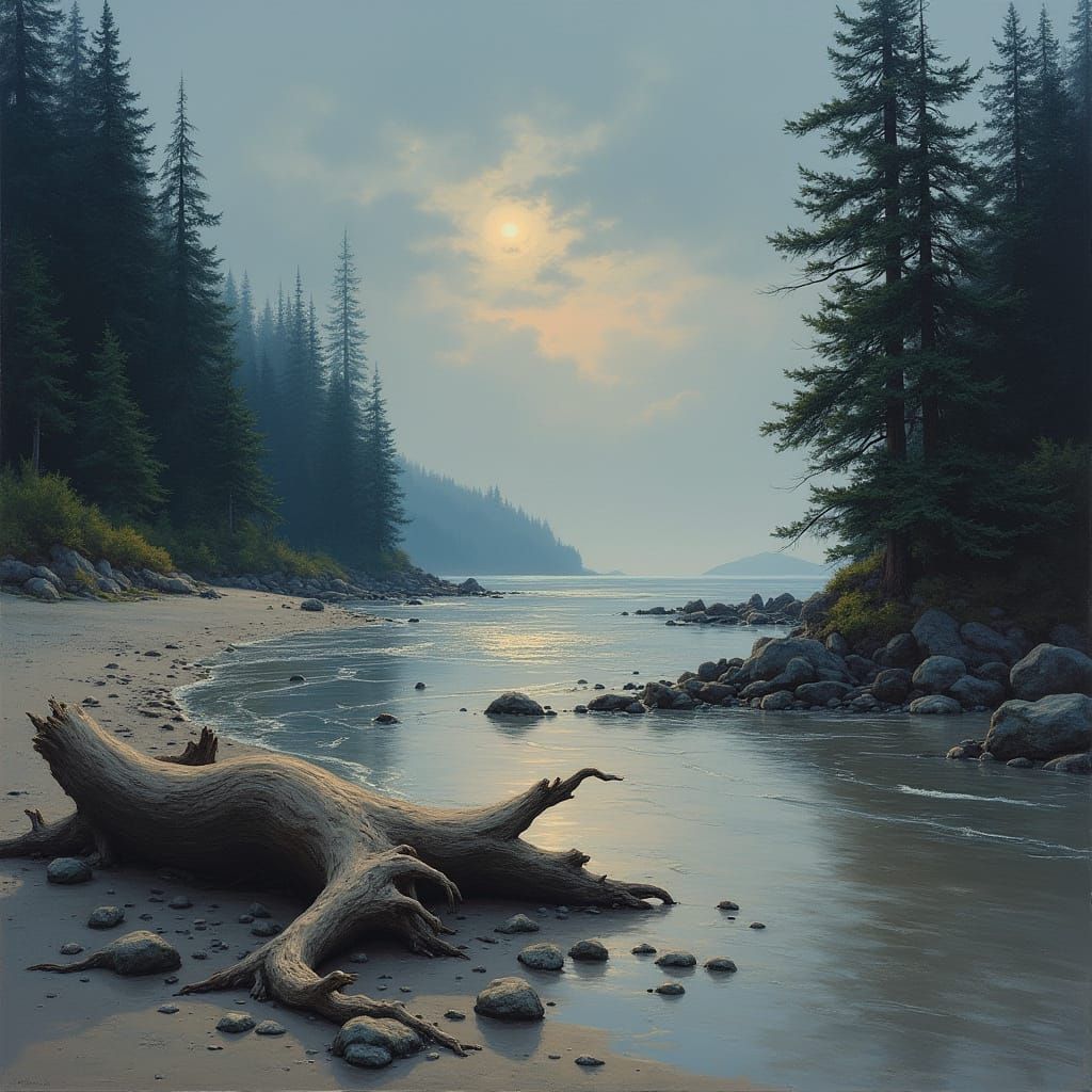 Moonlit Beach Scene with Driftwood and Islands