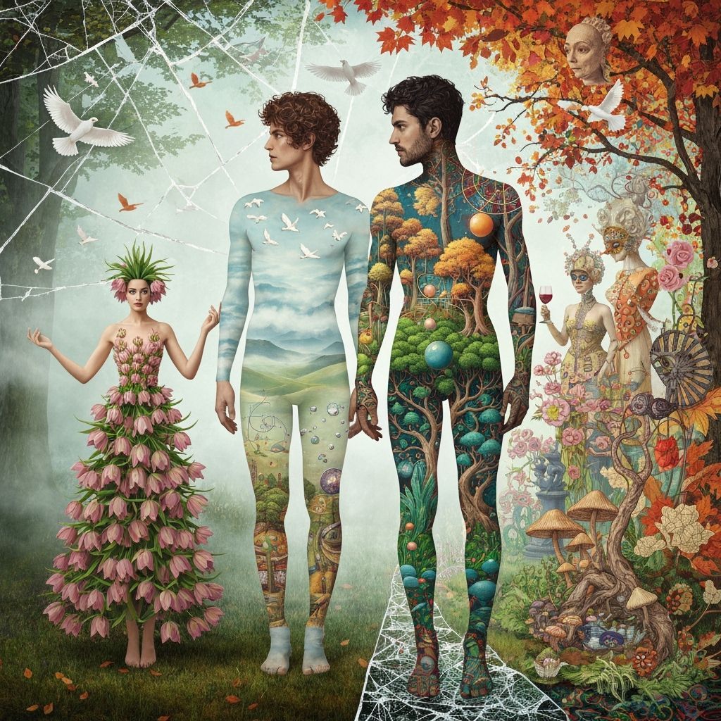 Woman in Fritillaria Dress in Surreal Landscape