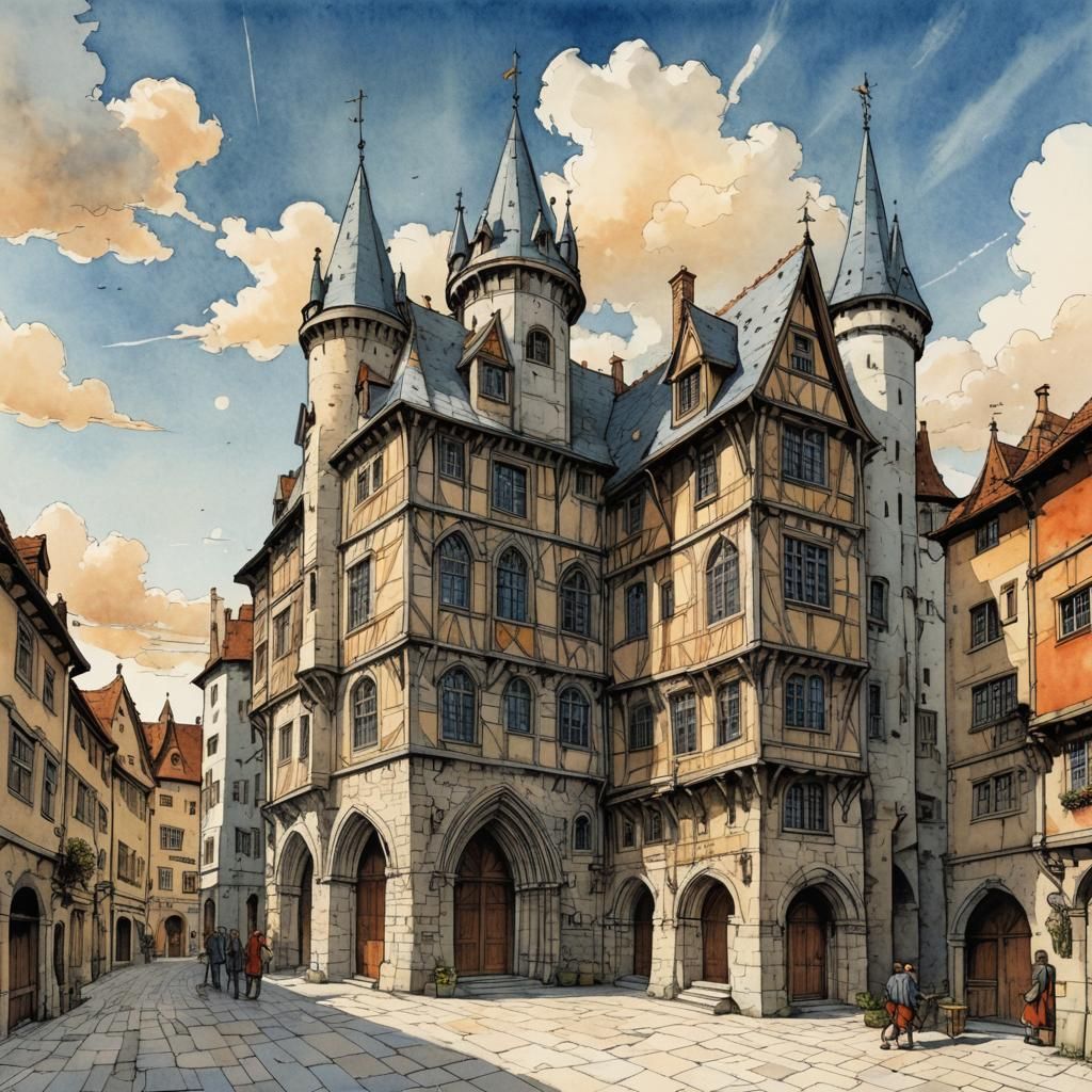 Medieval Building Sketch in Watercolour Style