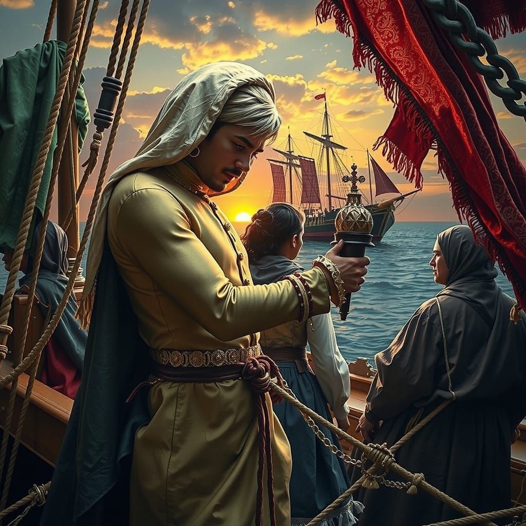 Medieval Ship at Sunset with Eccentric Travelers