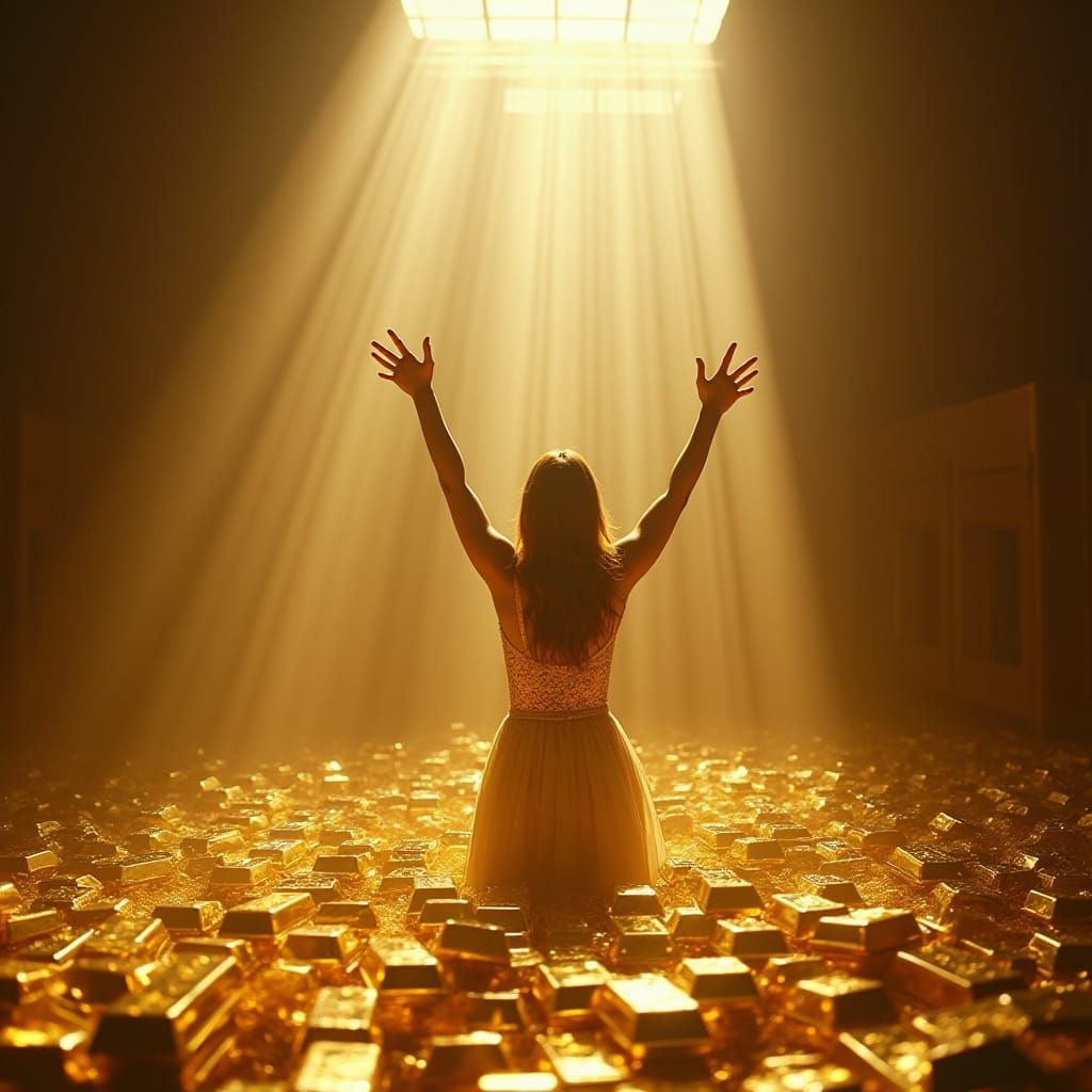 Heroic Woman Poses in Treasure Trove, Hyperrealistic Style