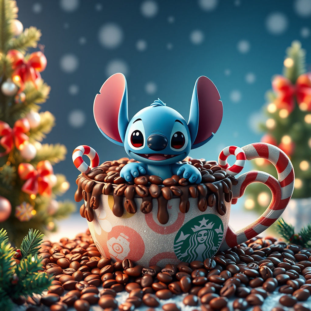 Baby Stitch in Starbucks Cup: 3D Christmas Scene