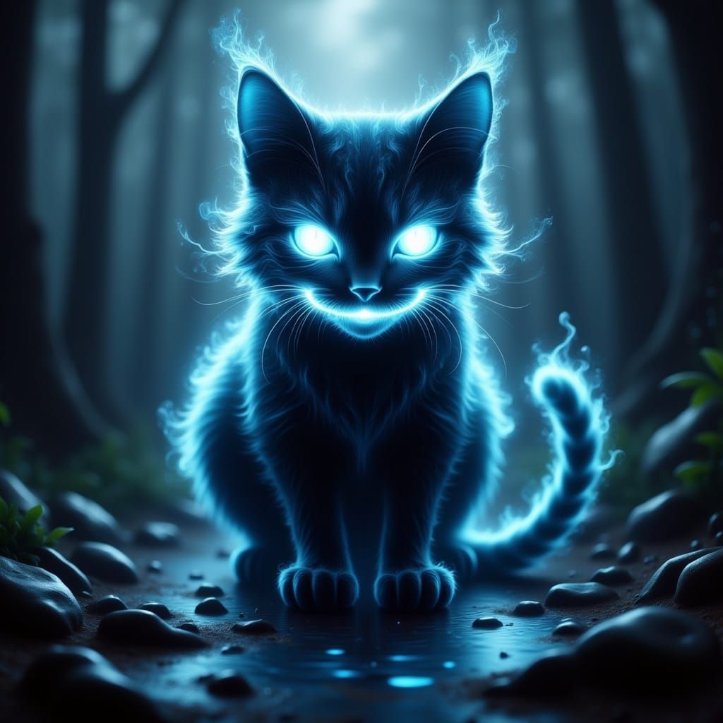 Cheshire Cat Ghost Ninja in Dark Rainforest