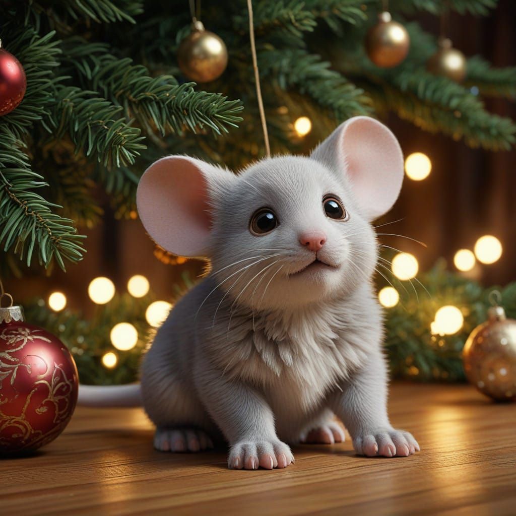 Magical Christmas Scene with Curious Puppy and Tree Toy