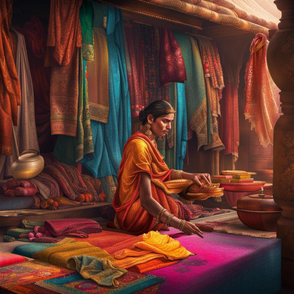 Ancient India Fabric Trade in Hyperrealistic Style