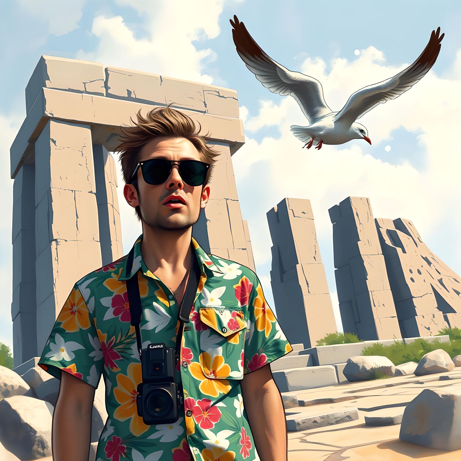 Seagull Photobombs Tourist at Ancient Monument
