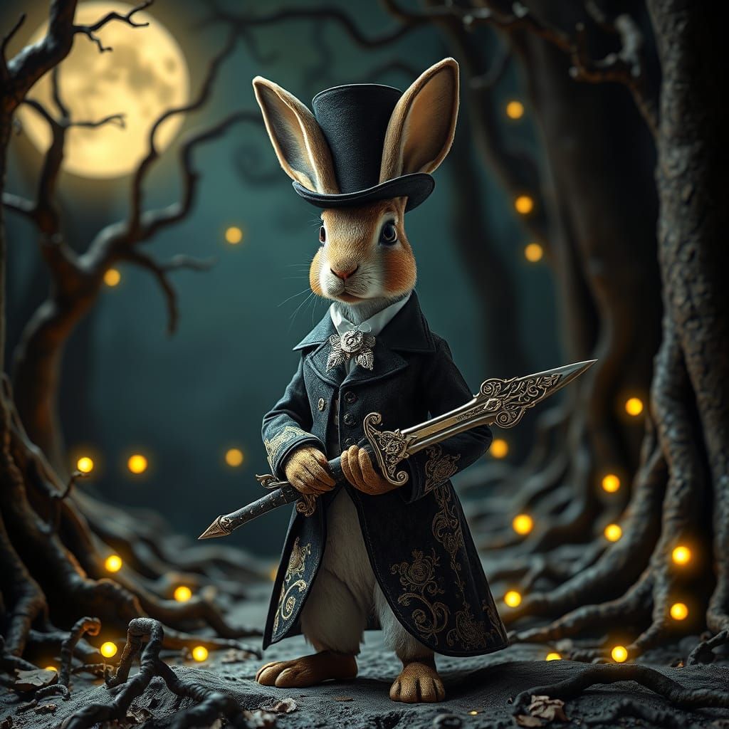 Victorian Rabbit Wields Sword in Whimsical Forest