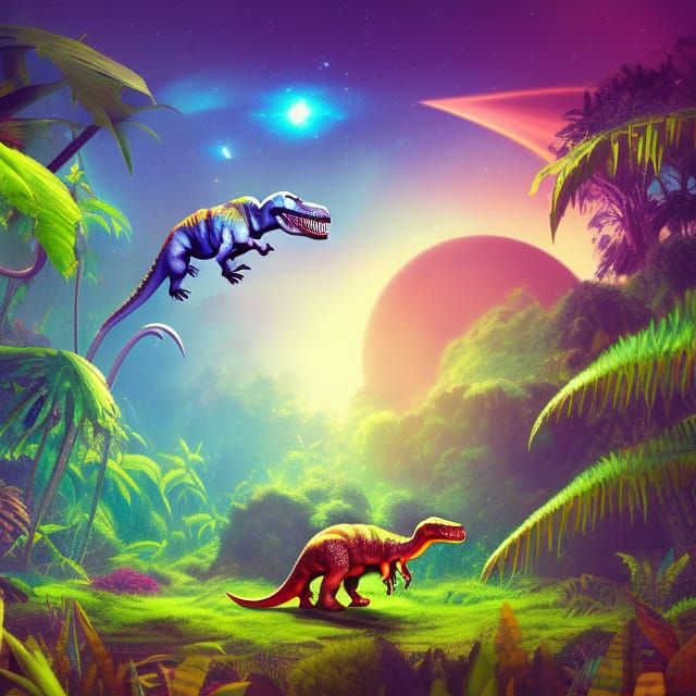 Colorful Dinosaur Flying in Cosmic Jungle Dreamscape