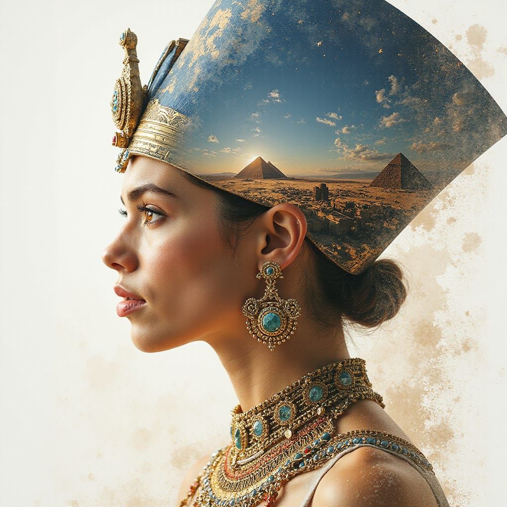 close up Cleopatra Digital watercolor Illustration with Dual Exposure of Egyption landscape inside the portarait, ...